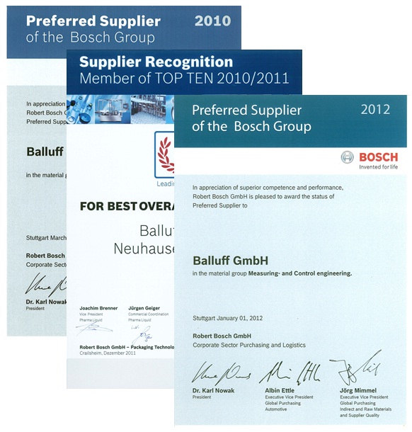Компания Balluff в третий раз получает признание от фирмы Bosch